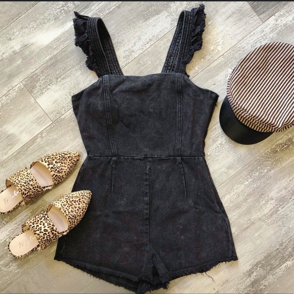 Black Denim Romper with Ruffle Straps & frayed edges